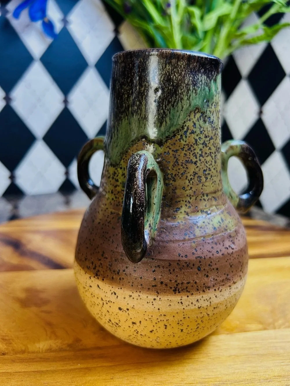 Triple Handle Studio Pottery Vase Signed Speckled Earth‎ Tone Rustic Green Beige